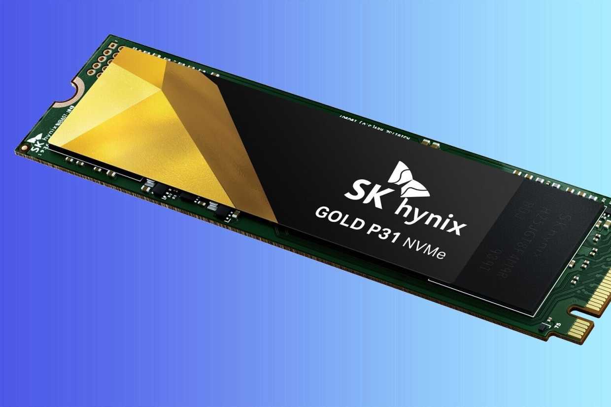 the SK Hynix SSD on a blue background