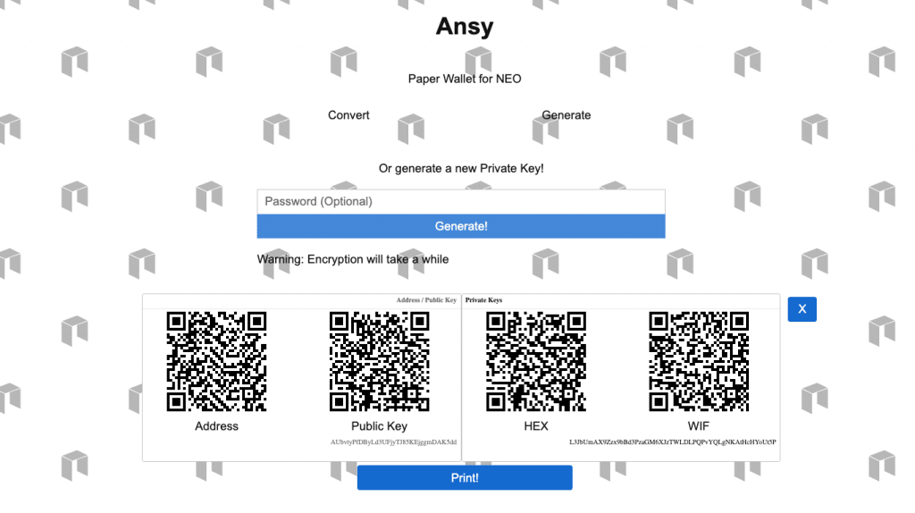 Ansy Neo paper wallet