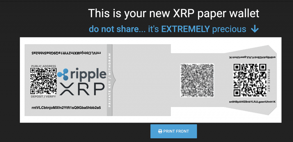 דוגמה לארנק נייר XRP