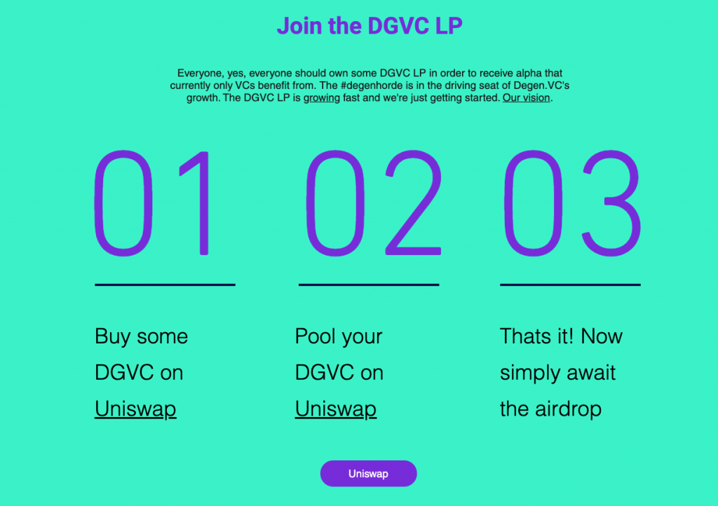 Tilmeld dig DGVC LP for at få fremtidige airdrops fra platformlanceringer via Degen Labs