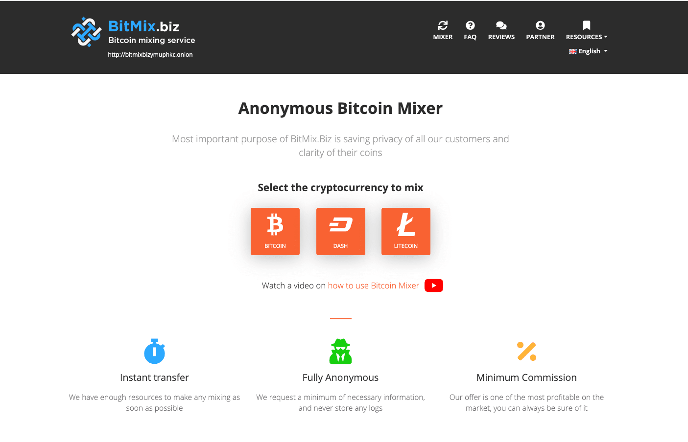 BitMiz.biz Bitcoin mixer service website screenshot