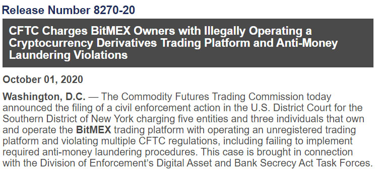 Annuncio della CFTC BitMEX