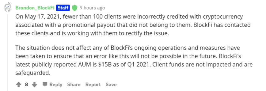 BlockFi błędnie wysyła użytkownikom duże płatności Bitcoin PlatoBlockchain Data Intelligence. Wyszukiwanie pionowe. AI.