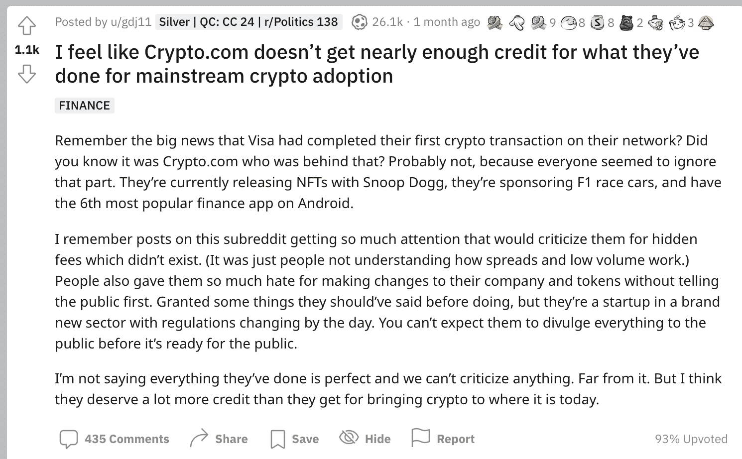 Post di Reddit che discute della piattaforma crypto.com.