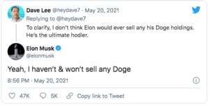 Elon Musk mengatakan bahwa dia tidak akan menjual dogecoinnya, PlatoBlockchain Data Intelligence. Pencarian Vertikal. ai.