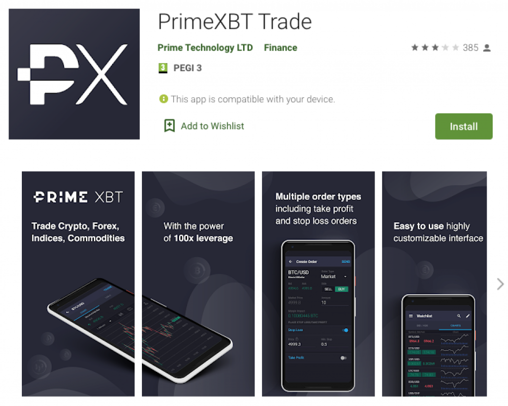 Aplicația Android PrimeXBT pe Google Play