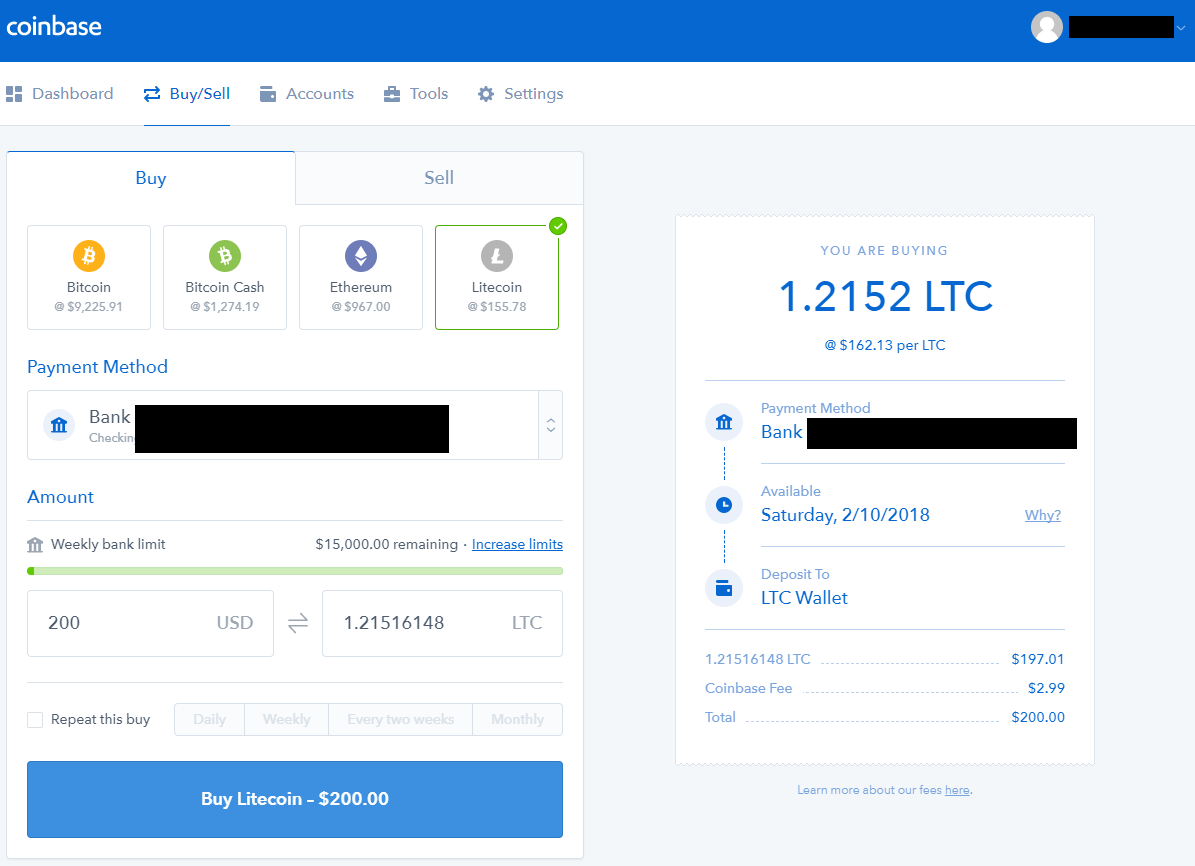 Mua Litecoin bằng tài khoản ngân hàng trên Coinbase