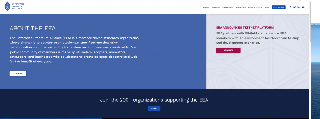 ภาพหน้าจอของเว็บไซต์ Enterprise Ethereum Alliance