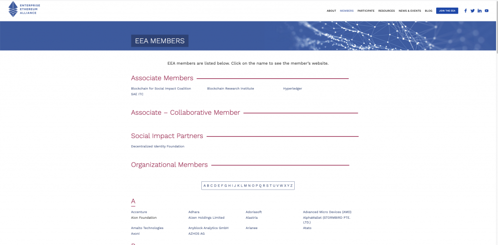 רשימת החברות של Enterprise Ethereum Alliance