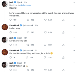 Elon Musk는 Bitcoin 이벤트 PlatoBlockchain Data Intelligence에서 Twitter CEO Jack Dorsey와 대화하기로 동의했습니다. 수직 검색. 일체 포함.