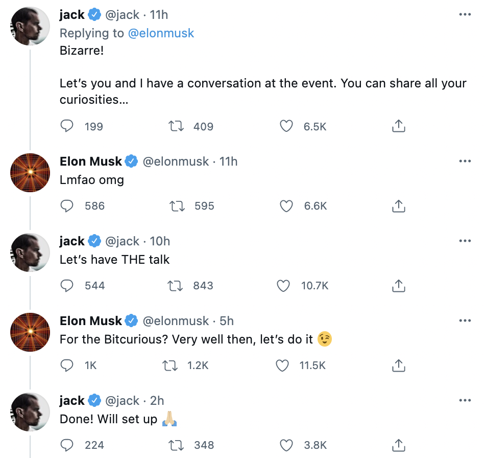 Elon Musk zgadza się rozmawiać z dyrektorem generalnym Twittera, Jackiem Dorseyem, podczas imprezy Bitcoin PlatoBlockchain Data Intelligence. Wyszukiwanie pionowe. Aj.