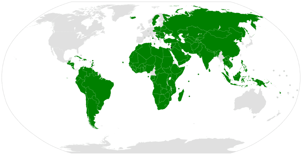 Countries that recognize Palestine as a free country (Green) vs Countries that do not (Grey). Image: Wikipedia