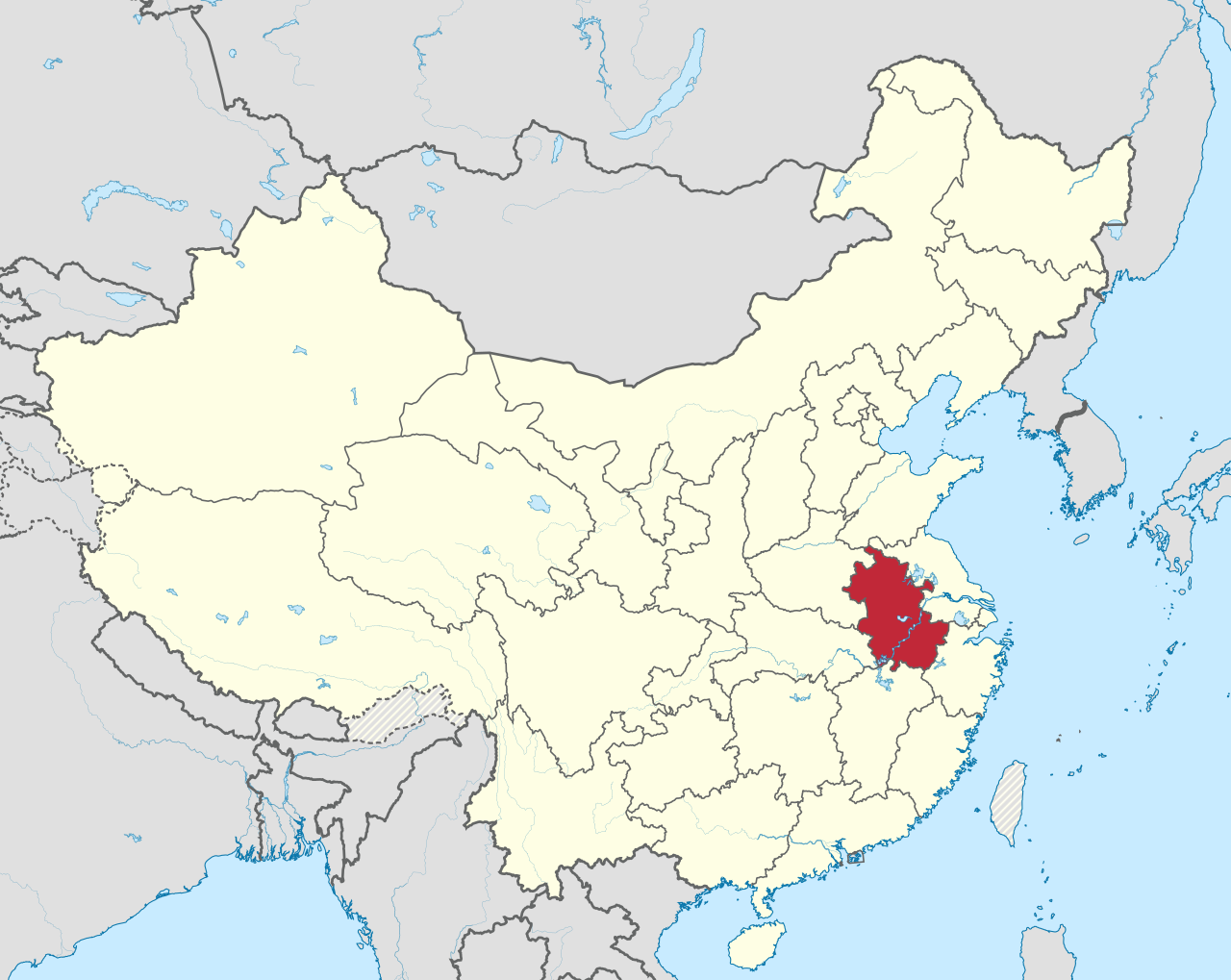 a map of china with a red region outlined marking the province of Anhui. 