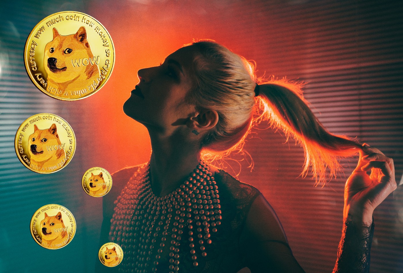 Pretty woman looking at Doge coins.