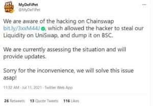 Min DeFi Pet Liquidity Hack på Chainswap: Hva skjedde? PlatoBlockchain Data Intelligence. Vertikalt søk. Ai.