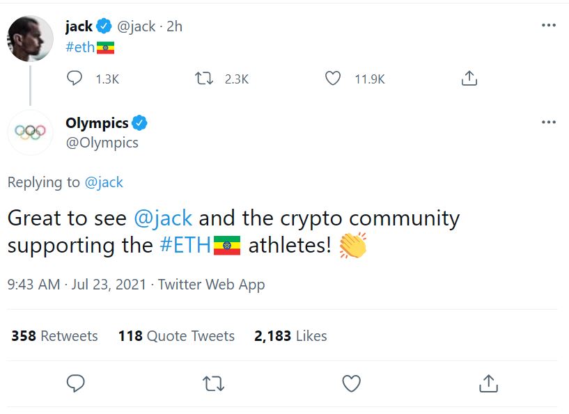 Não, Jack Dorsey não está trollando a ETH fazendo de seu logotipo a bandeira etíope PlatoBlockchain Data Intelligence. Pesquisa Vertical. Ai.