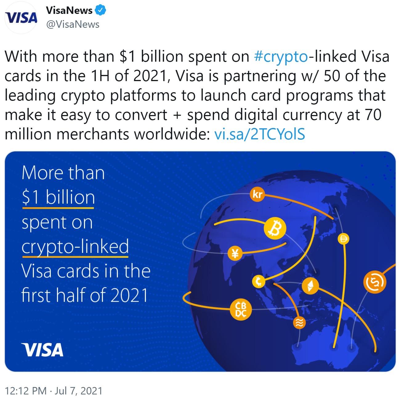 Visa og 50 Crypto-platforme for at muliggøre Cryptocurrency-betalinger hos 70 millioner sælgere