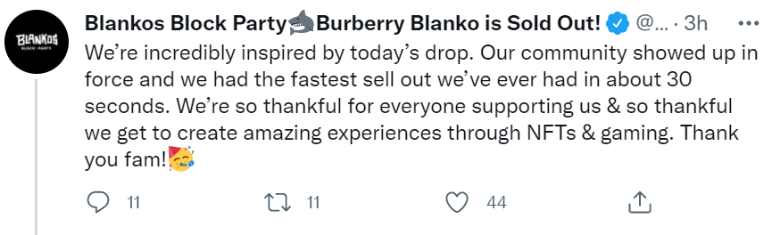 Burberry x Blankos NFT-ji razprodani v 30 sekundah PlatoBlockchain Data Intelligence. Navpično iskanje. Ai.