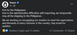 Cryptoday 028: حظر Trezor من الشحن إلى الفلبين (تاجالوج) PlatoBlockchain Data Intelligence. البحث العمودي. عاي.