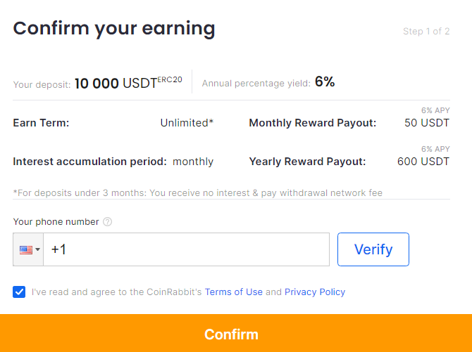 Confirm your earning USDT