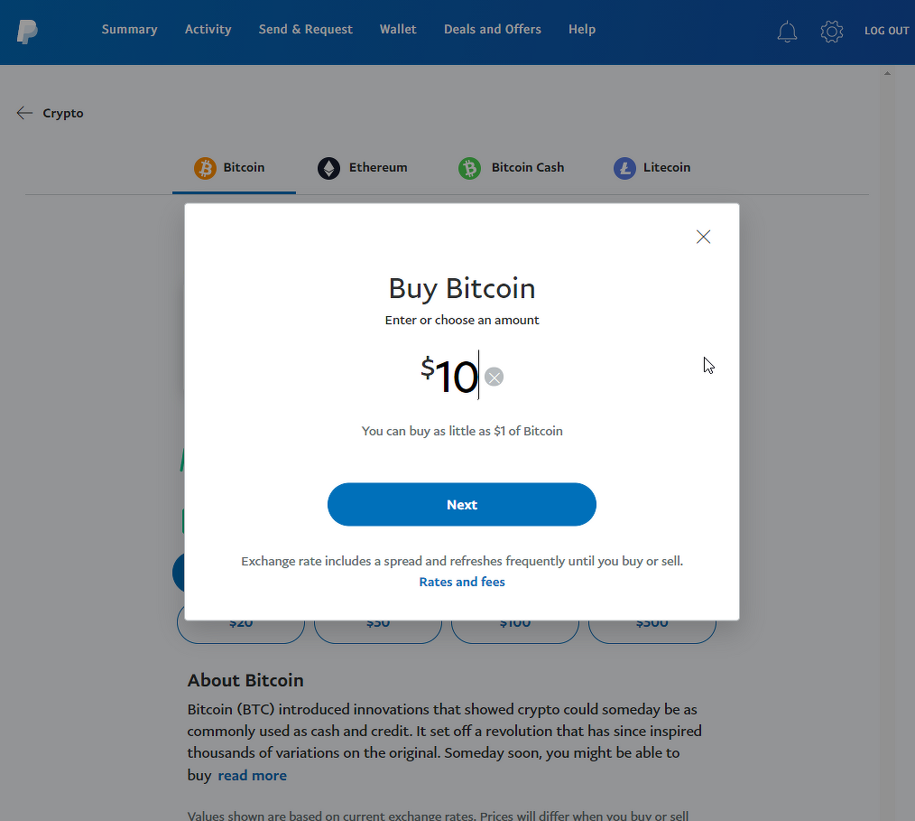 Στιγμιότυπο οθόνης PayPal που δείχνει αγορά Bitcoin