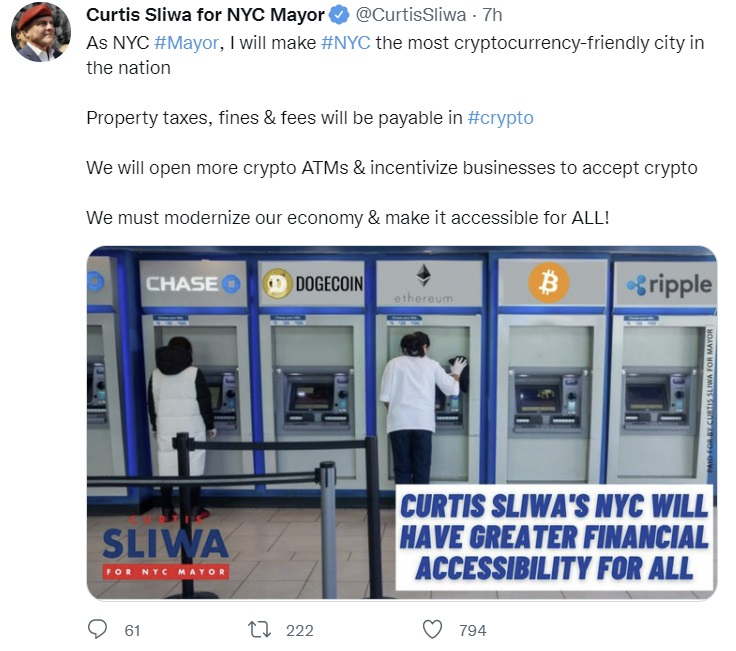 Kandidaat voor burgemeester belooft van NYC de meest cryptocurrency-vriendelijke stad in de VS te maken