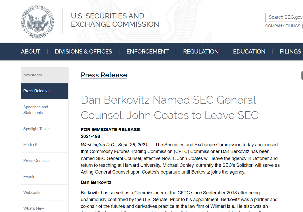 فقط في: عين دان بيركوفيتز مفوض لجنة تداول السلع الآجلة (CFTC) منصب المستشار العام الجديد للجنة الأوراق المالية والبورصات (PlatoBlockchain Data Intelligence). البحث العمودي. عاي.
