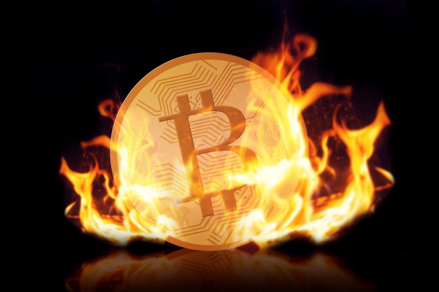 Kuva tulessa olevasta Bitcoinista.