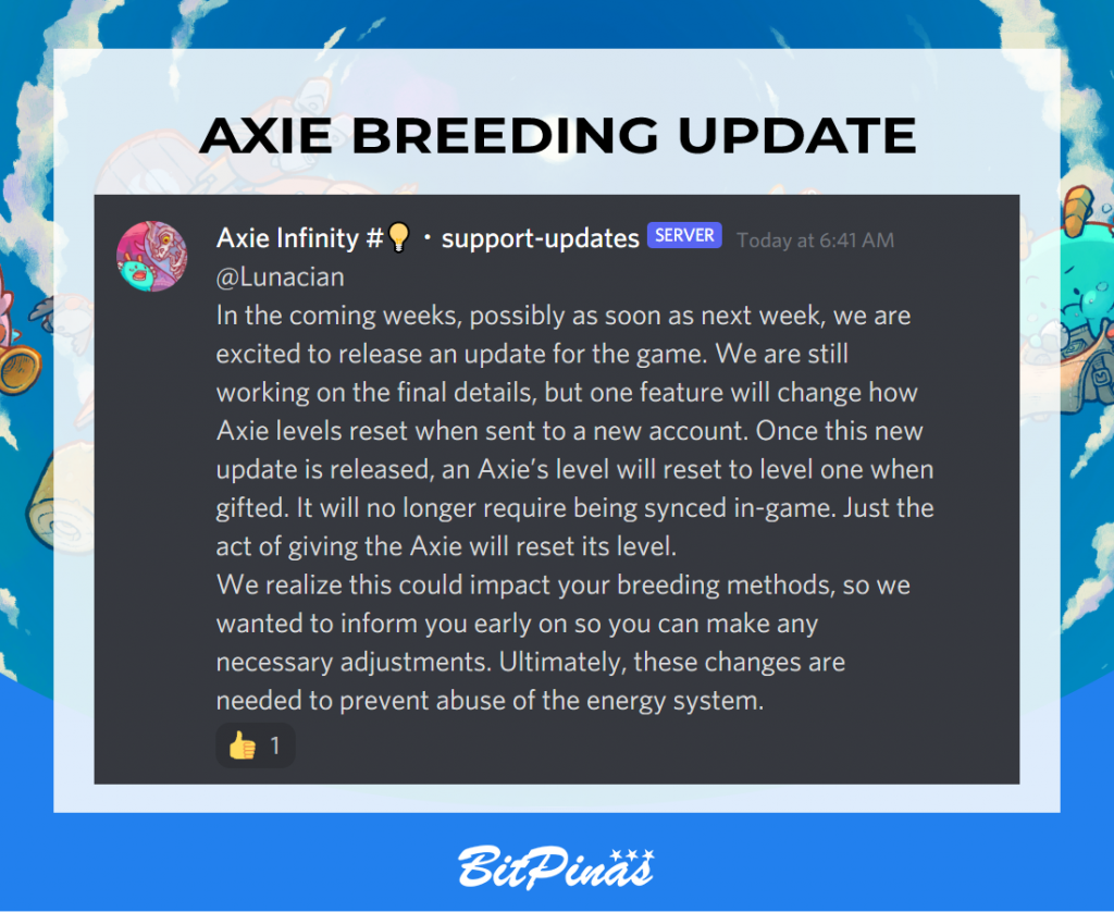 Axie Infinity realizará cambios para actualizar los métodos de reproducción PlatoBlockchain Data Intelligence. Búsqueda vertical. Ai.