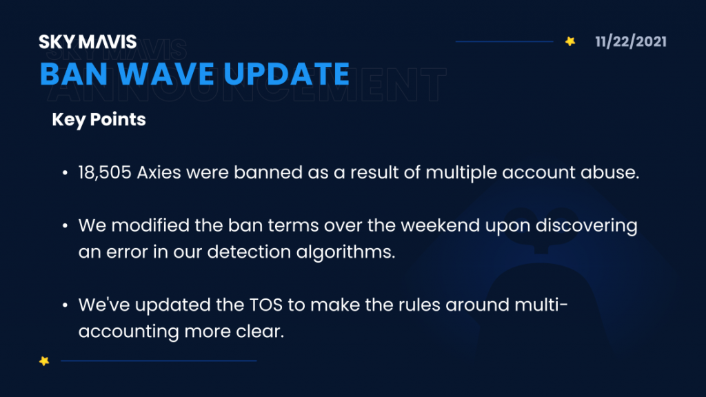 42,000 Axies prepovedanih zaradi zlorabe več računov | Axie Infinity Ban Wave Update PlatoBlockchain Data Intelligence. Navpično iskanje. Ai.