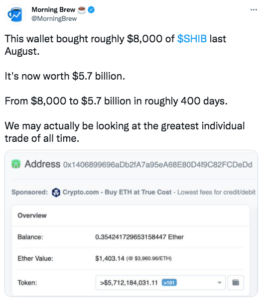 Holy SHIB: alguien convirtió $ 8,000 a $ 5.7 mil millones en ~ 400 días Inteligencia de datos PlatoBlockchain. Búsqueda vertical. Ai.