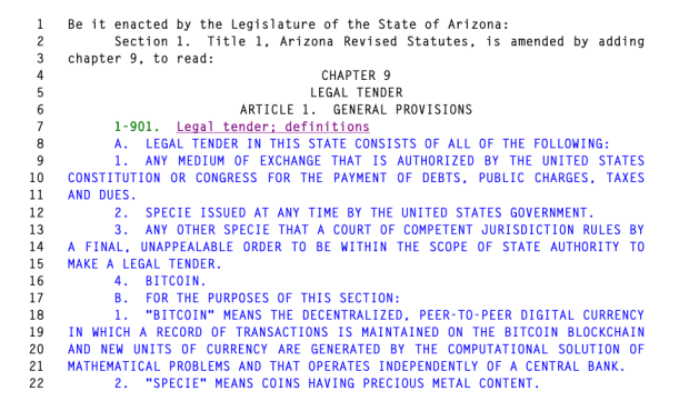 Predložen zakon, da bi Bitcoin postal zakonito plačilno sredstvo v Arizoni PlatoBlockchain Data Intelligence. Navpično iskanje. Ai.