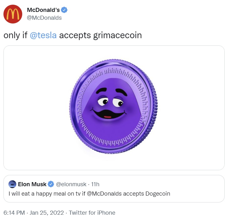 Илон Маск соблазняет McDonald’s принять Dogecoin — McDonald’s отвечает: «Только если Tesla примет Grimacecoin»