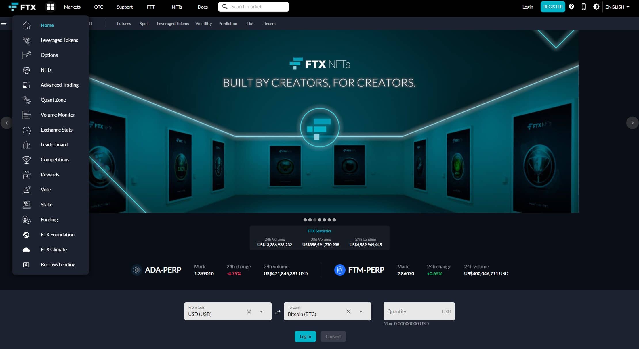 الصفحة الرئيسية لـ FTX