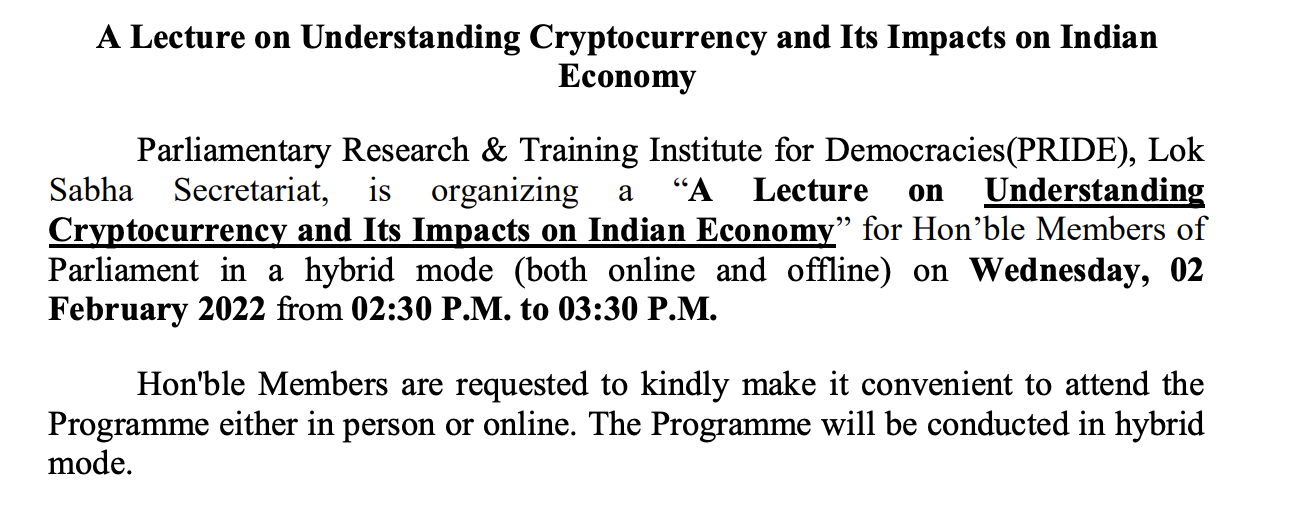 Indian parliament's agenda includes crypto training session, leaves out bill banning digital assets PlatoBlockchain Data Intelligence. Vertical Search. Ai.
