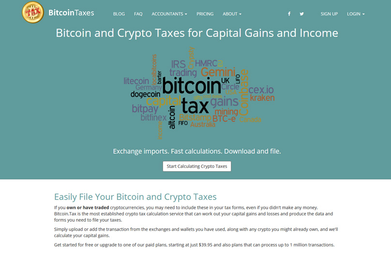 Page d'accueil de Bitcoin Taxes