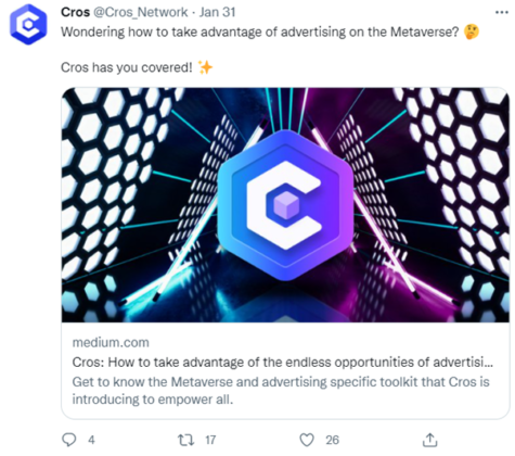 Cros Network: Φέρνοντας τη διαφήμιση μεταξύ πλατφορμών στο Metaverse PlatoBlockchain Data Intelligence. Κάθετη αναζήτηση. Ολα συμπεριλαμβάνονται.