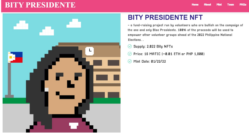 پروژه Pinoy NFT Bity Presidente برای حمایت از کمپین VP Leni Robredo PlatoBlockchain Data Intelligence راه اندازی شد. جستجوی عمودی Ai.