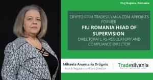 Den rumenske kryptovalutaplattformen Tradesilvania.com utnevner Mihaela Drăgoiu, tidligere sjef for tilsyns- og kontrolldirektoratet for FIU Romania (ONPCSB) som den nye direktøren for Risk & Regulatory Affairs PlatoBlockchain Data Intelligence. Vertikalt søk. Ai.