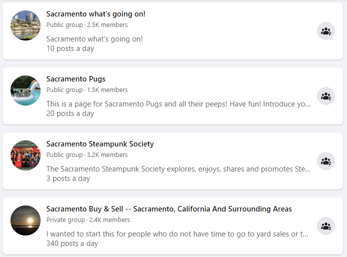 Снимок экрана со списком групп на Facebook в Сакраменто