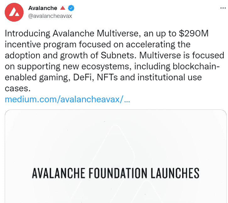 Az Avalanche's Foundation 290 millió dollárt költött a PlatoBlockchain adatintelligencia alhálózati növekedésének előmozdítására. Függőleges keresés. Ai.