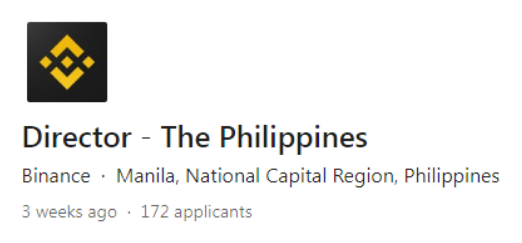 Binance está contratando a un director de país para Filipinas PlatoBlockchain Data Intelligence. Búsqueda vertical. Ai.