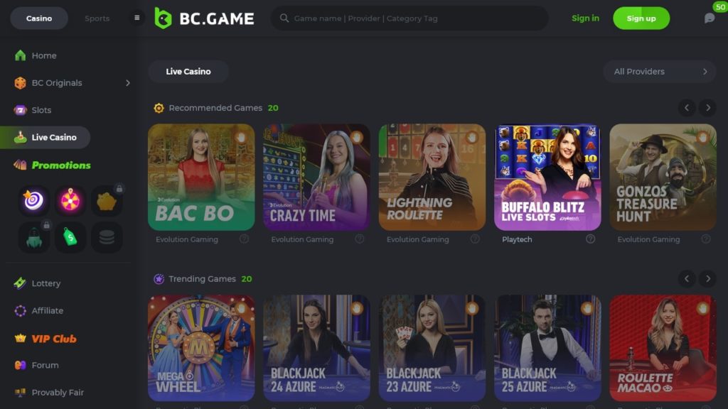 BC.Game Live Casino Spil.