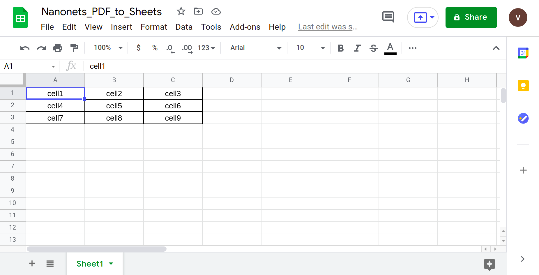 Extracted table copied from Google Docs to Google Sheets