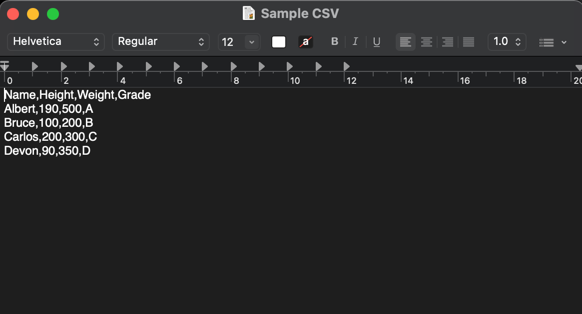 Esempio di dati di testo normale in formato CSV