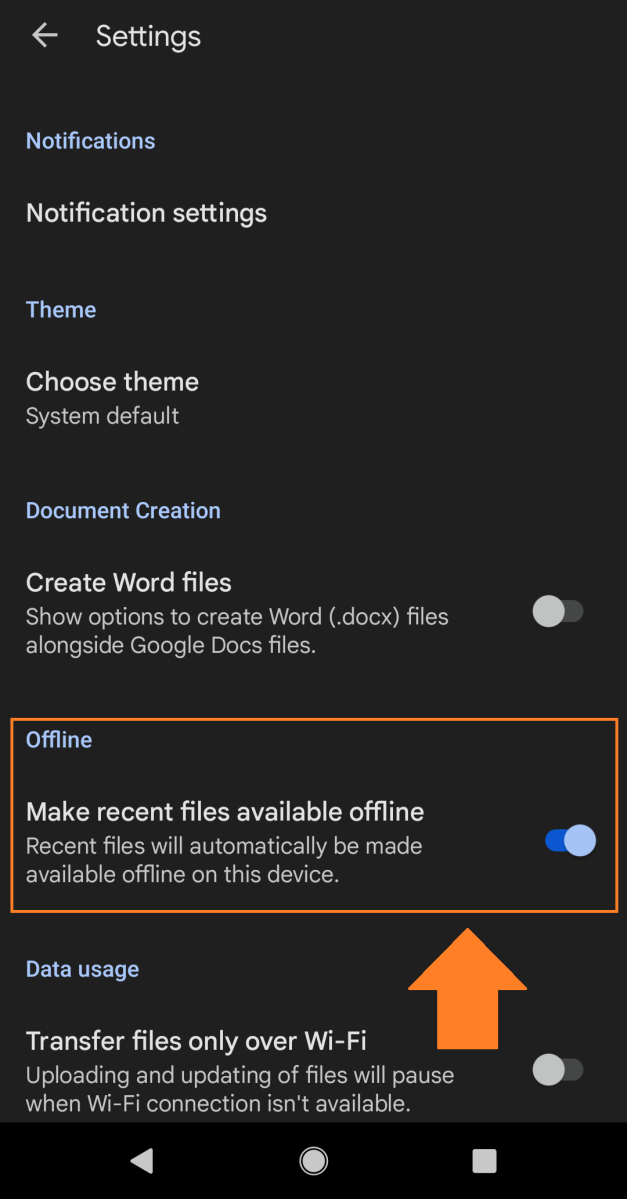 Možnost brez povezave v nastavitvah Google Dokumentov v sistemu Android