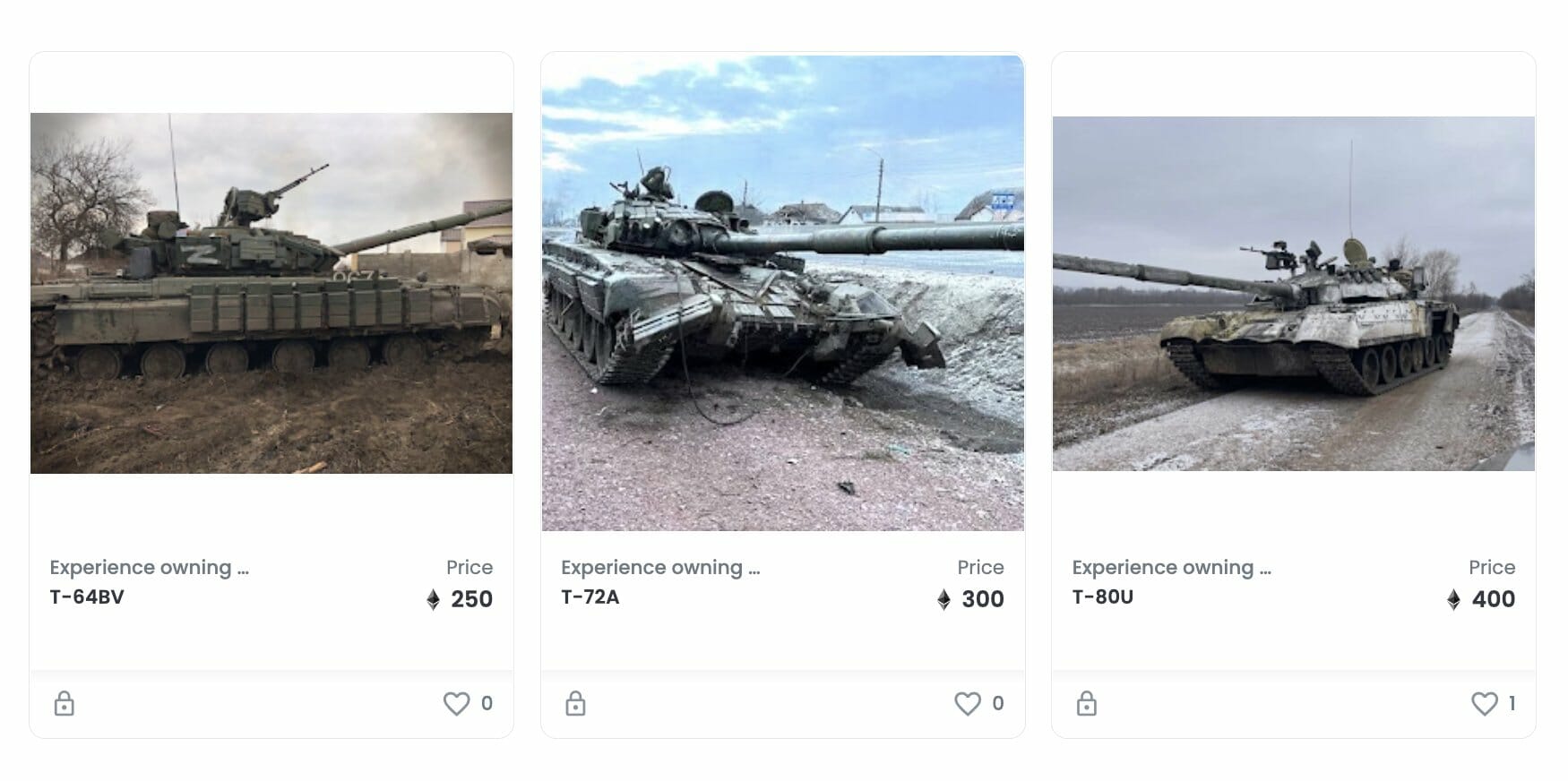Tanques russos sendo vendidos na Opensea por 250 ETH PlatoBlockchain Data Intelligence. Pesquisa Vertical. Ai.