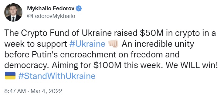Ukraina käyttää lahjoitettua kryptoa sotilastarvikkeiden maksamiseen – hallitus sanoo, että viikossa kerättiin 50 miljoonaa dollaria kryptoa PlatoBlockchain Data Intelligencesta. Pystysuuntainen haku. Ai.