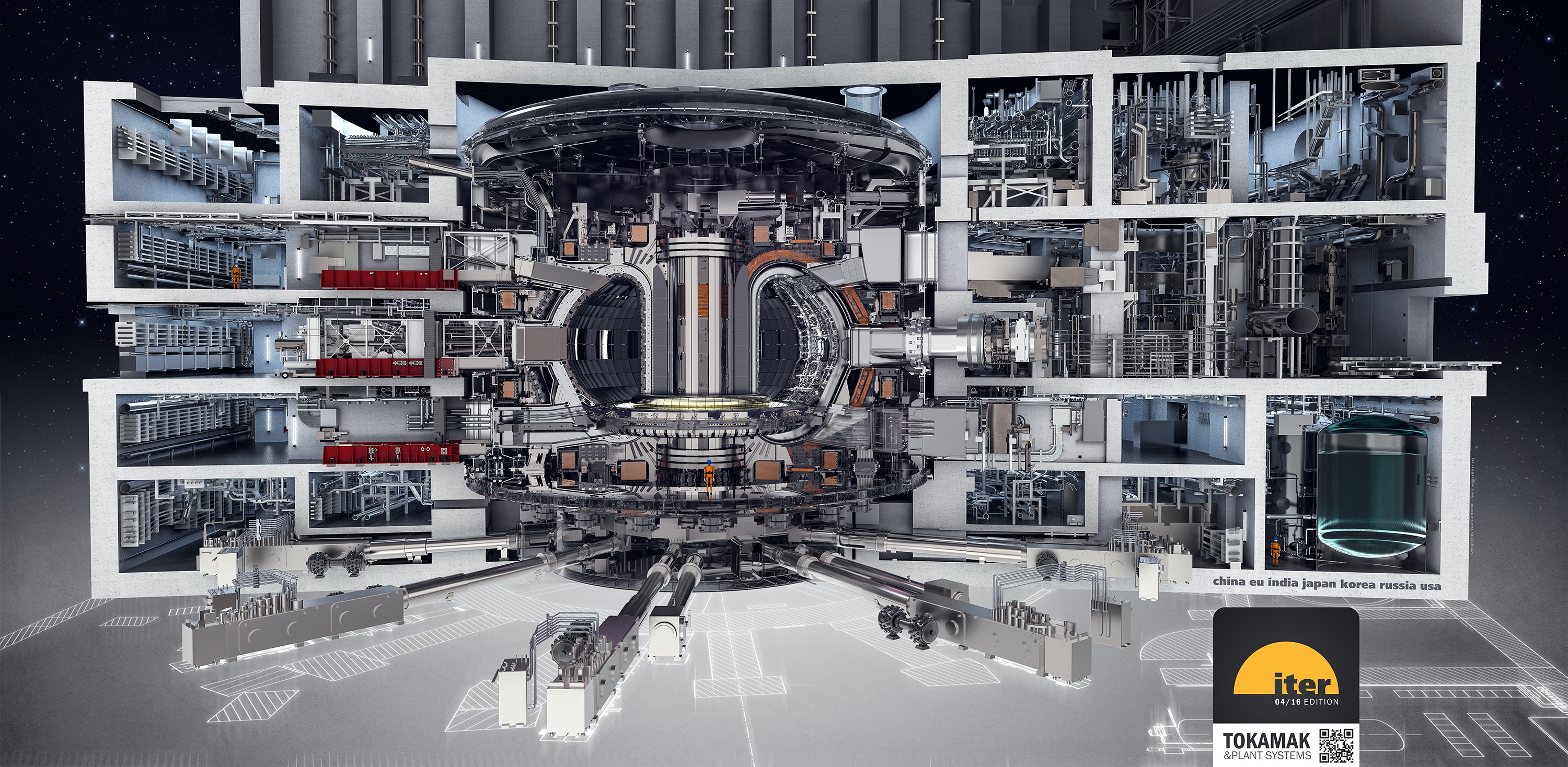 Eine Zeichnung eines Reaktors mit vielen Räumen, die ihn umgeben.