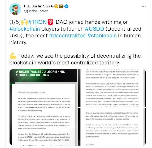 أعلن مؤسس TRON HE Justin Sun عن إطلاق USDD - ذكاء بيانات PlatoBlockchain اللامركزي. البحث العمودي. عاي.